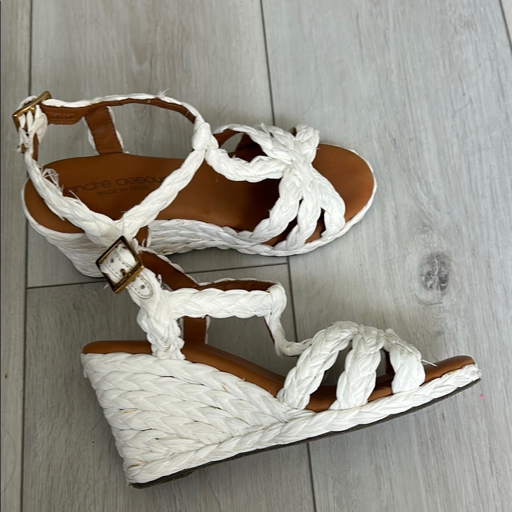 Andre Assous White and Brown Woven Wedge Sandals